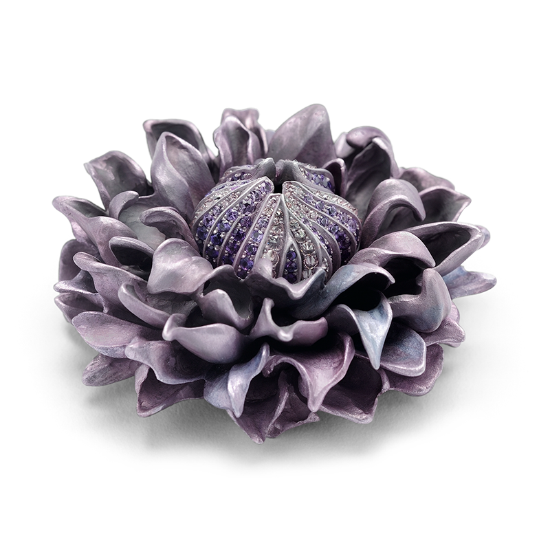 Clematis flower brooch made of Aluminium with sapphires and diamonds